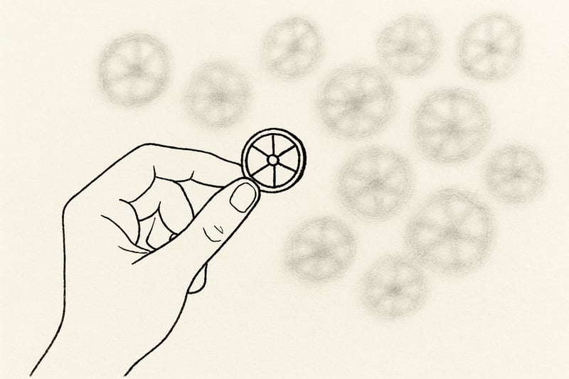 Mão humana segura uma pequena roda enquanto várias opções borradas ao fundo sugerem excesso; foco na calma de simplificar escolhas.